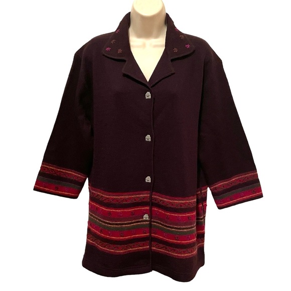 Sigrid Olsen 100% Wool Women's Knit Cardigan Sweater Sz S Brown Floral - Picture 1 of 8